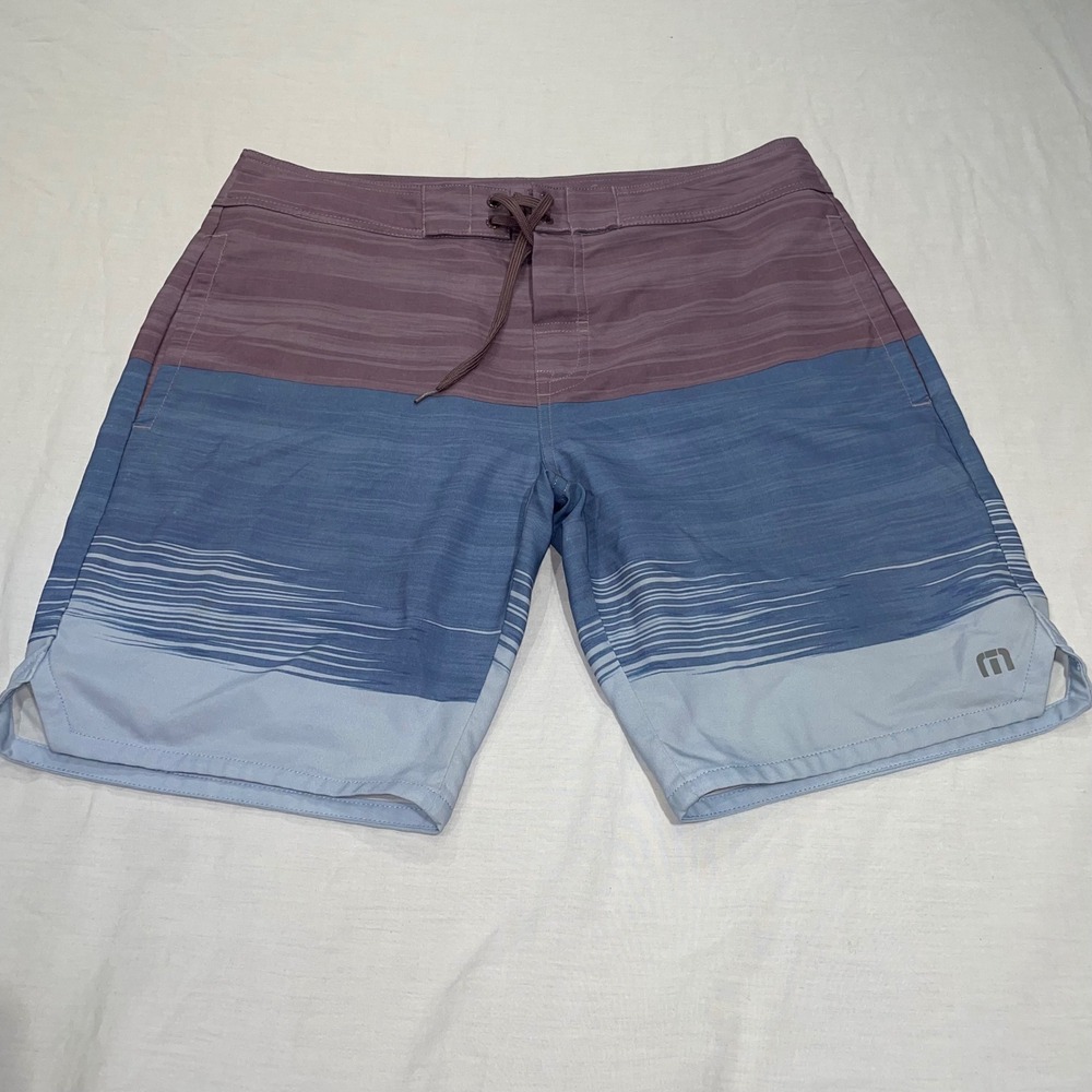 TravisMathew Mens Board Shorts Size 34 Colorblock Blue Purple Swim Trunks